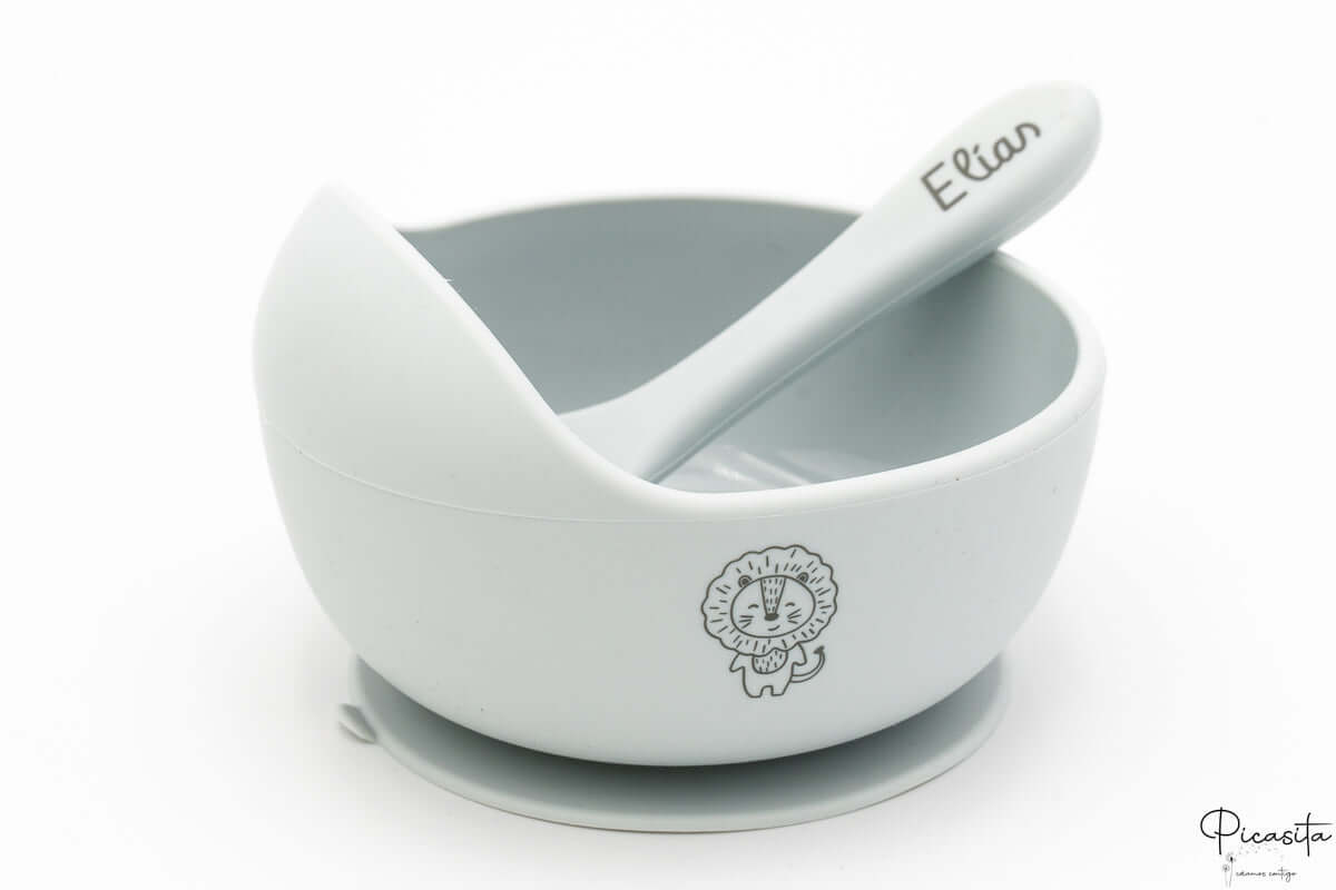 Cuenco de silicona con ventosa y cuchara personalizados con el nombre del bebé