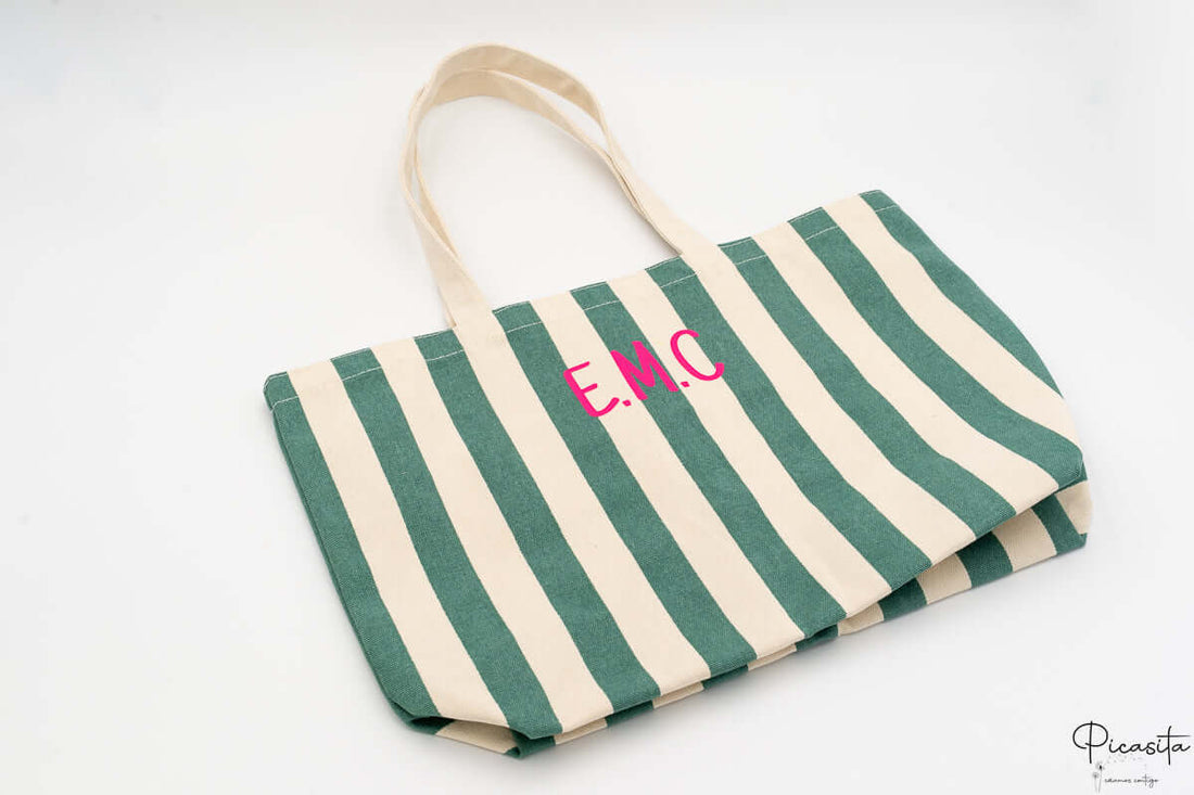 Tote bag de rayas para piscina y playa personalizable con iniciales en color flúor