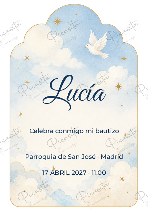 Invitación de Bautizo Cielo de algodón · Lucía
