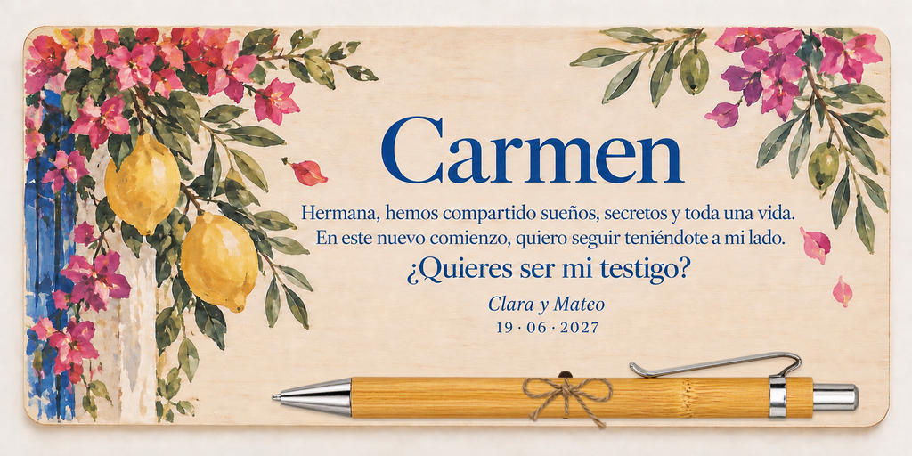 Farbig bedruckte Platte mit Zitronen und Bougainvilleen, dem Namen Carmen und Bambus-Kugelschreiber
