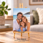Familienfoto, gedruckt auf Leinwand im Format 15 × 20 cm, auf einer Staffelei von 30 cm mit einer Botschaft, die in die Querleiste graviert ist