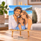 Familienfoto im Manga-Stil, gedruckt auf Leinwand im Format 20 × 20 cm, auf einer Staffelei von 30 cm