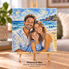 Familienfoto im Stil eines Ölgemäldes, gedruckt auf Leinwand im Format 30 × 30 cm, auf einer Staffelei von 40 cm