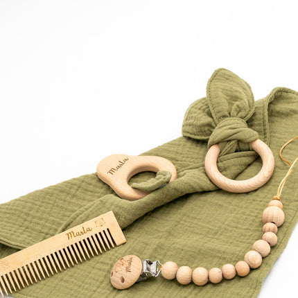 Musselin-Set, personalisierter Schnullerhalter, Beißring und Kamm