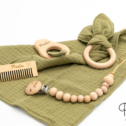 Musselin-Set, personalisierter Schnullerhalter, Beißring und Kamm