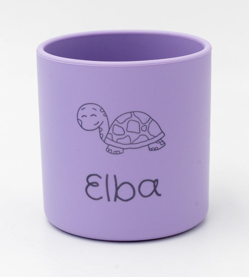 Vaso lila personalizado con nombre y animal grabados