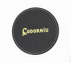 Posavasos de cuero PU negro con logotipo dorado impreso