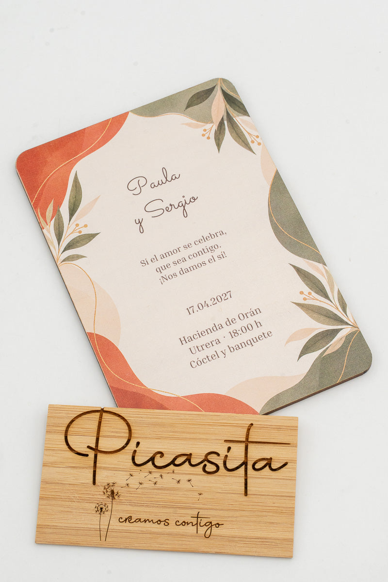 Invitación de boda personalizada en madera contrachapada, diseño 12