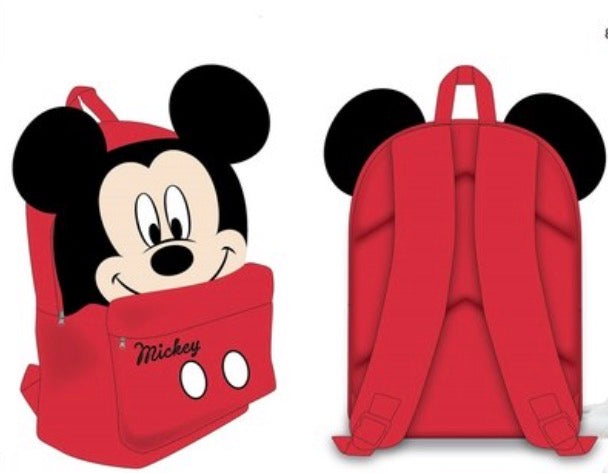 Mochila escolar roja de Mickey Mouse con orejas negras tridimensionales y tirantes acolchados regulables.