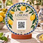 Simulation von Mediterranes Speisekartenschild mit QR-Code und Standfuß · Detailansicht