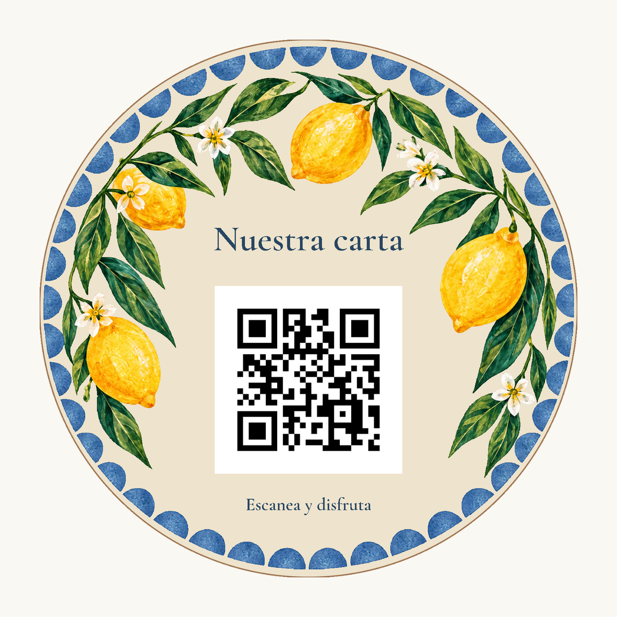 Simulation von Mediterranes Speisekartenschild mit QR-Code und Standfuß · Beispiel 1