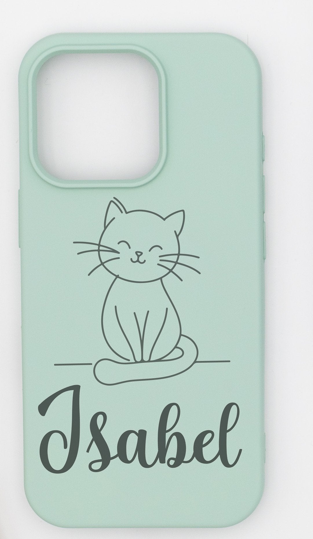 Funda verde pastel personalizada con dibujo de gato sentado y nombre Isabel.