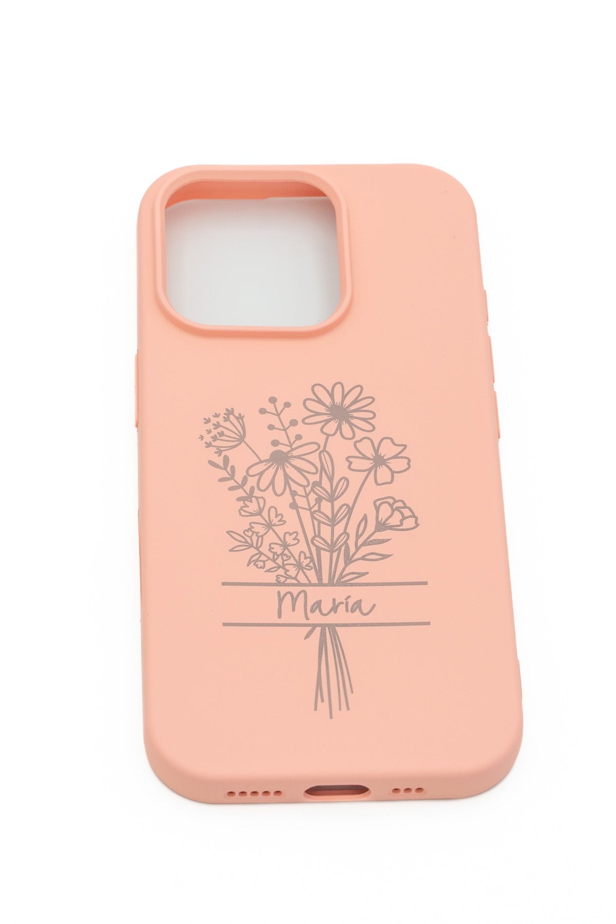 Funda rosa claro para iPhone 16 Pro con grabado láser de ramo de flores y nombre María.