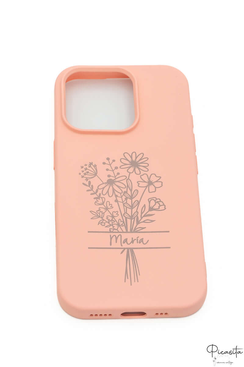 Funda rosa claro para iPhone 16 Pro con grabado láser de ramo de flores y nombre María.