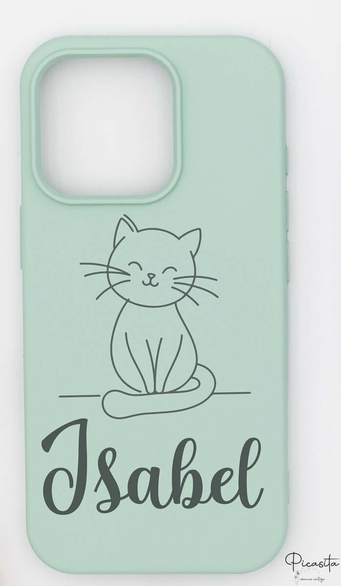 Funda verde pastel personalizada con dibujo de gato sentado y nombre Isabel.