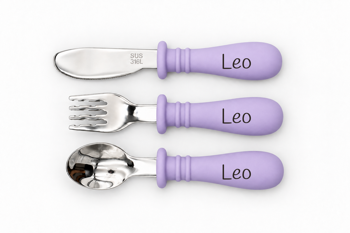 Cubiertos infantiles personalizados · Lila · nombre Leo