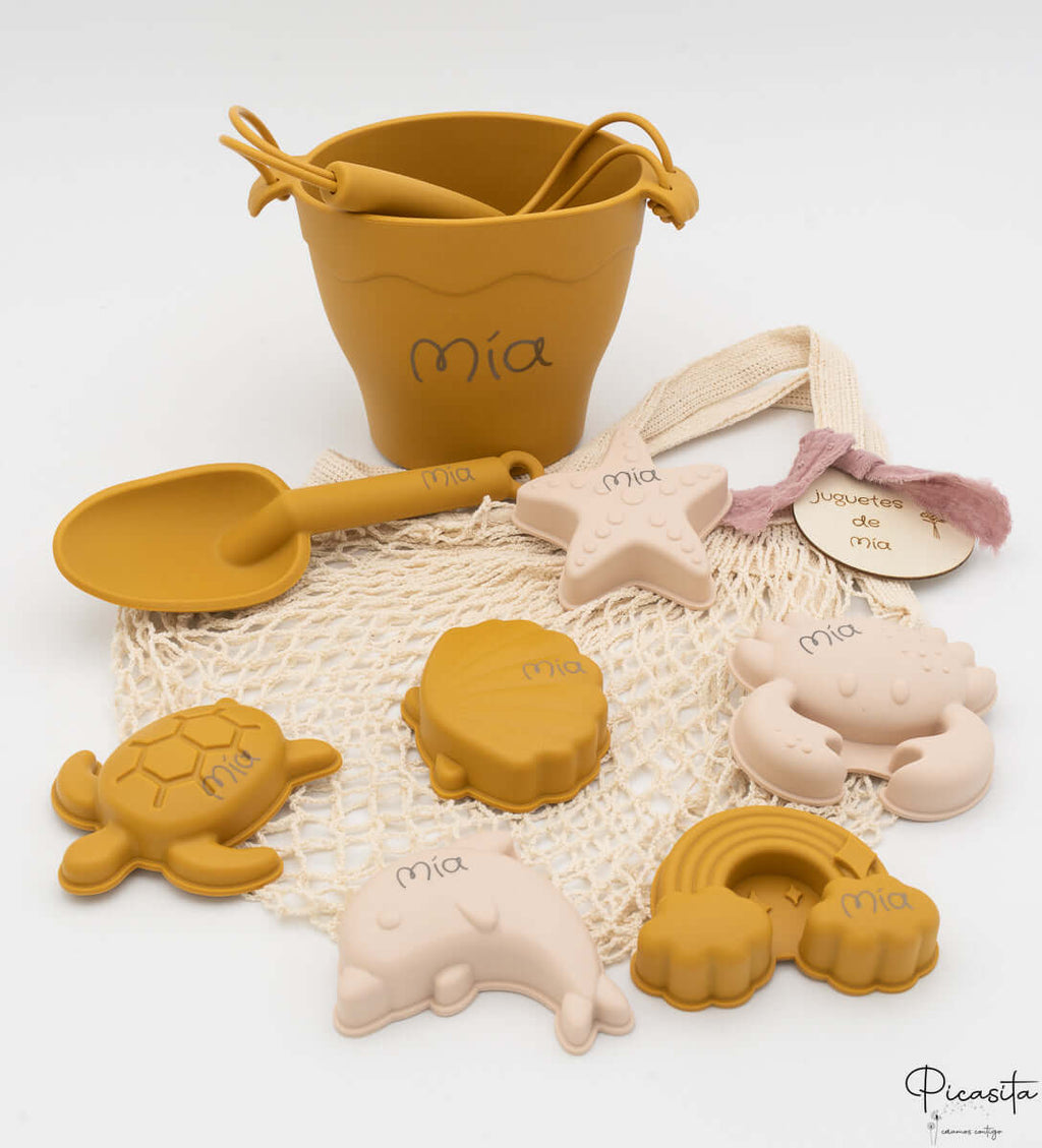Kit de Cubos de Playa y Animales de silicona personalizados Mostaza y Sal