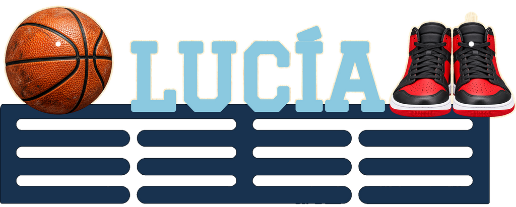 Basketball-Medaillenhalter LUCÍA mit nachtblauen Leisten und himmelblauen Buchstaben, einfarbig