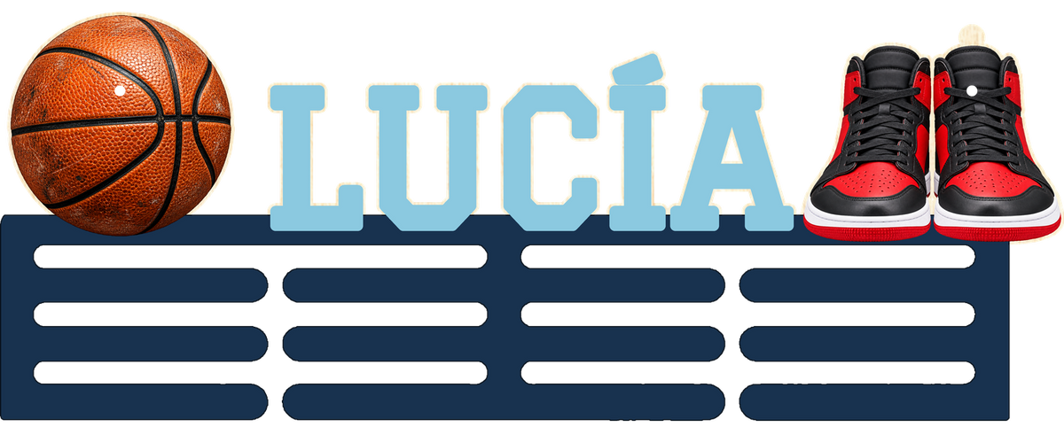 Basketball-Medaillenhalter LUCÍA mit nachtblauen Leisten und himmelblauen Buchstaben, einfarbig