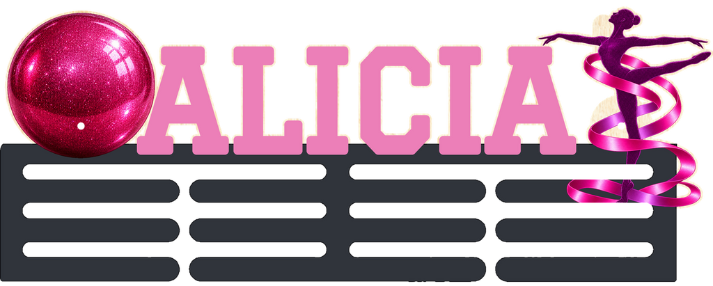 Medaillenhalter für rhythmische Sportgymnastik ALICIA mit grafitfarbenen Leisten und rosa Buchstaben, einfarbig