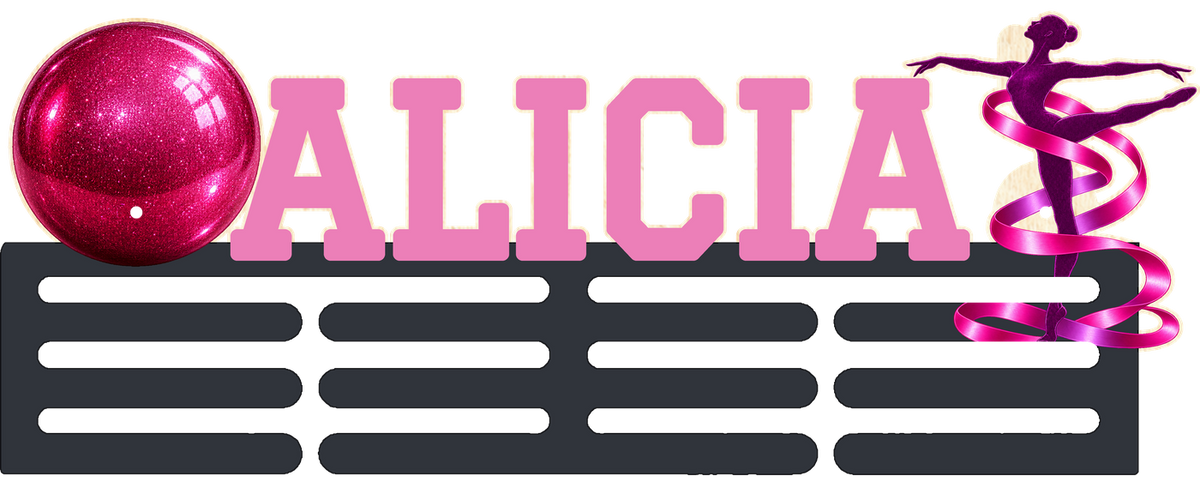 Medaillenhalter für rhythmische Sportgymnastik ALICIA mit grafitfarbenen Leisten und rosa Buchstaben, einfarbig