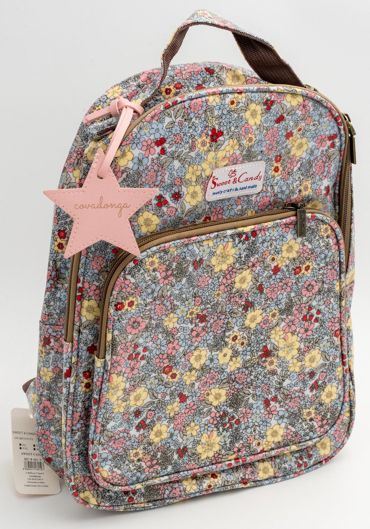 Mochila para el colegio Mod 2 floral azul claro con charm rosa personalizado Covadonga