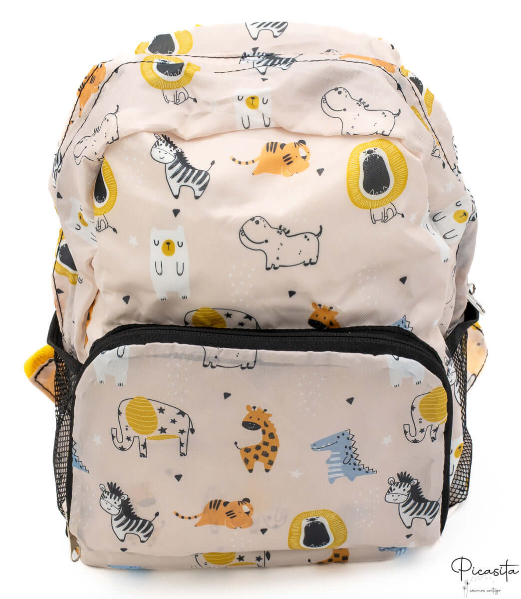 Mochila escolar beige con ilustraciones de animales africanos como cebras, leones y tigres.