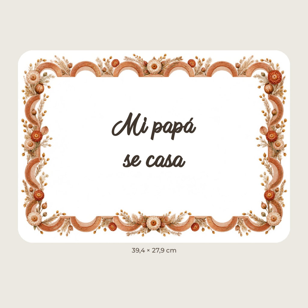 Digitale Vorschau: weißes rechteckiges Schild mit Boho-Rand und dem Text „Mi papá se casa“.