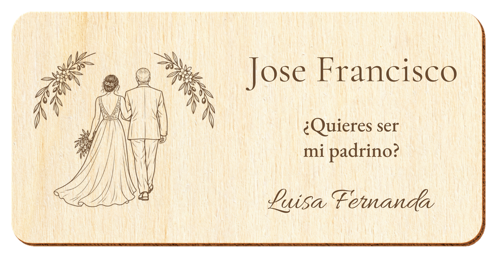 Simulation eines Schildes für den Hochzeitspaten, Lasergravur auf Sperrholz, Motiv Begleitung zum Altar, Jose Francisco und Luisa Fernanda, Figuren von hinten ohne sichtbare Gesichter.