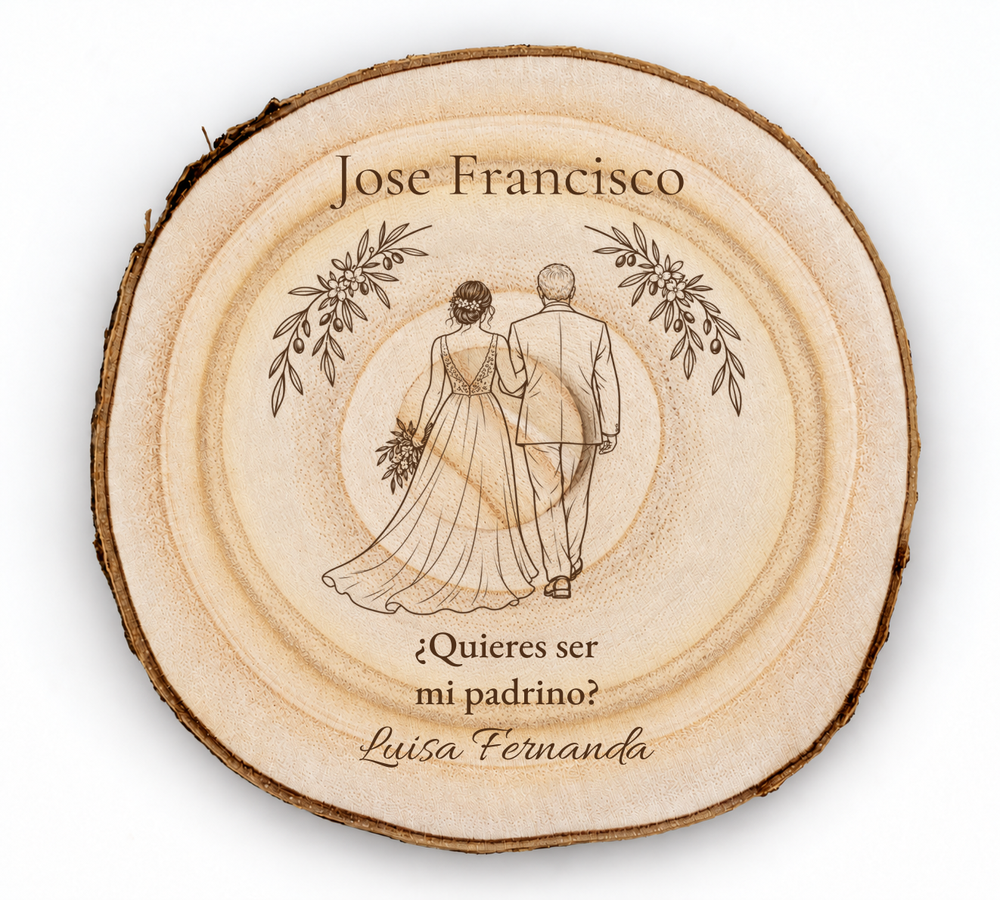 Simulation eines Schildes für den Hochzeitspaten, Lasergravur auf Paulownia, Motiv Begleitung zum Altar, Jose Francisco und Luisa Fernanda, Figuren von hinten ohne sichtbare Gesichter.