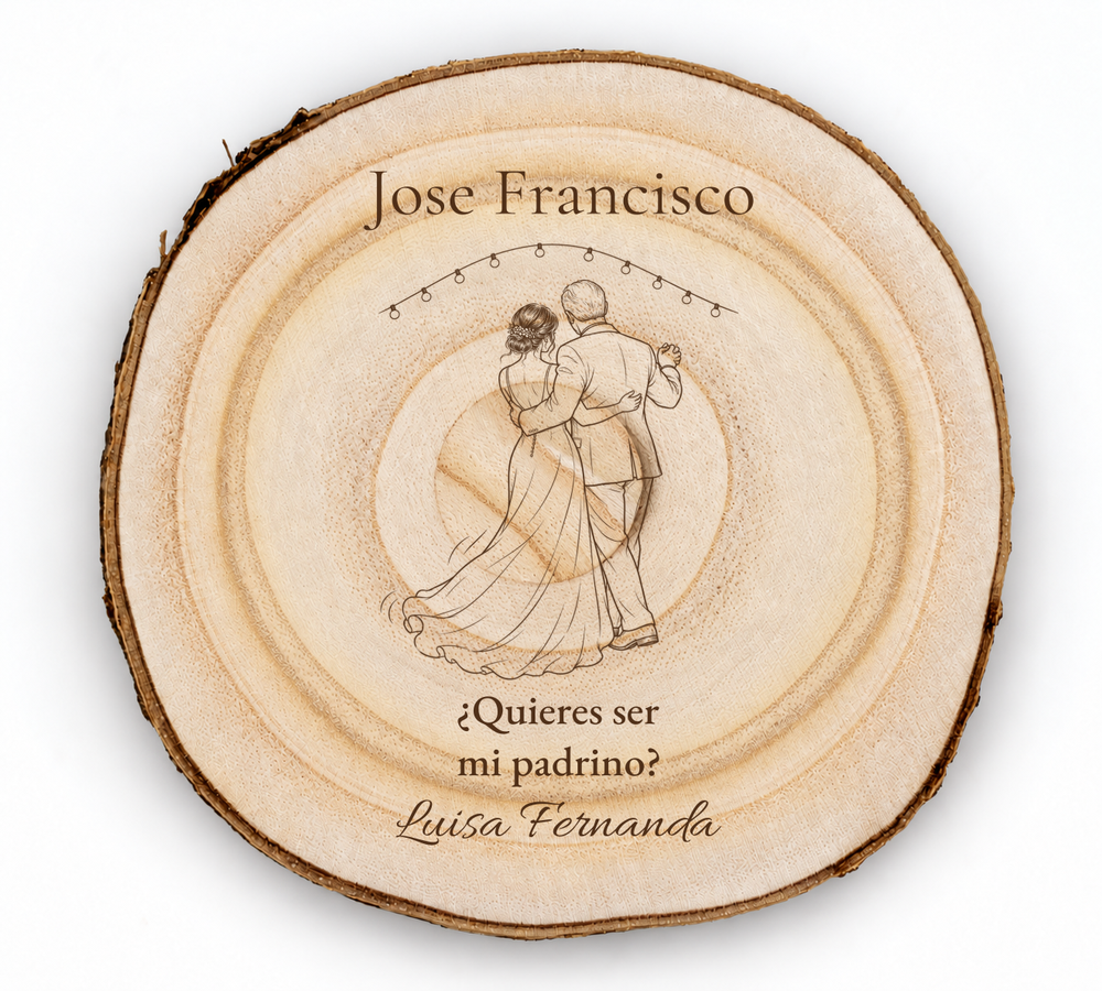 Simulation eines Schildes für den Hochzeitspaten, Lasergravur auf Paulownia, Motiv Der erste Tanz, Jose Francisco und Luisa Fernanda, Figuren von hinten ohne sichtbare Gesichter.